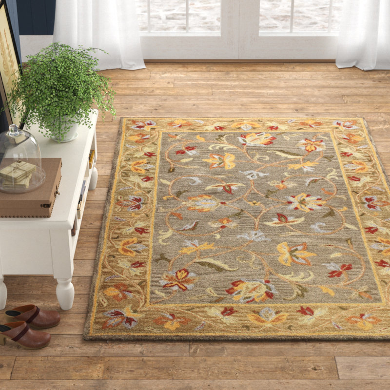 Birch Lane™ Evers Floral Handmade Tufted Wool Gray/Yellow Area Rug